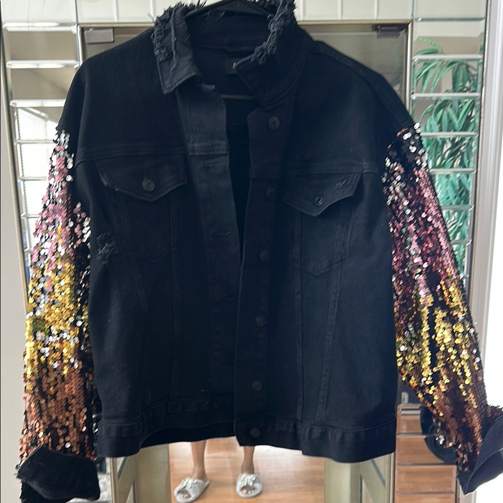 Sequin Sleeve Denim Jacket - Black